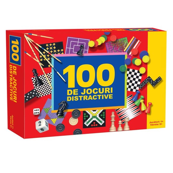 Set din 100 de Jocuri cu 4 table de joc duble, Serpii, Scarile si Ludo, multicolor