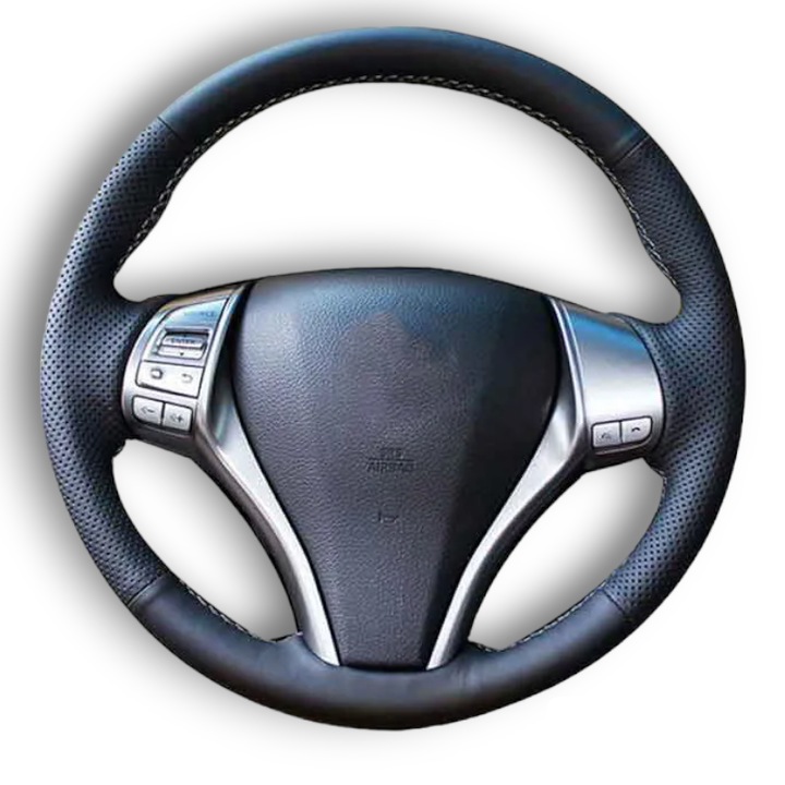 Husa volan piele, dedicata Nissan X-trail, cusuta manual, culoare cusatura negru