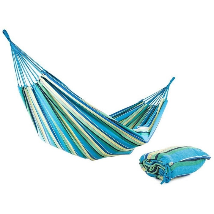 Hamac Dublu XXL Welora®, Bumbac, Greutate Maxima 200kg, Dimensiune 200 x 150 cm, Husa Depozitare/Transport, Calitate Premium, Albastru