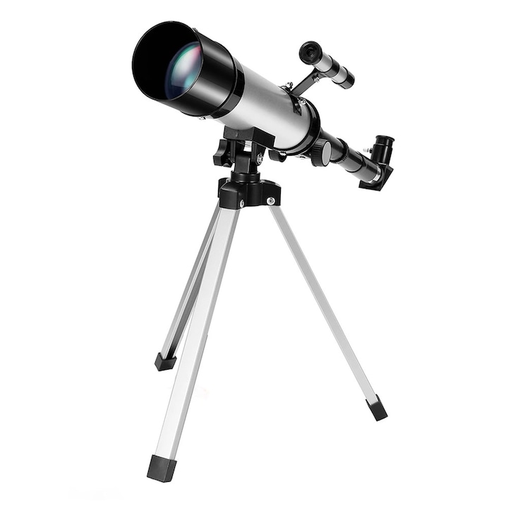 SIKS csillagászati teleszkóp, alumínium állvánnyal, gyújtótávolság 360 mm és 90°-os prizmák, ezüst/fekete