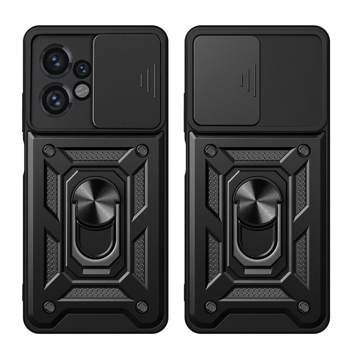 Husa telefon compatibila cu Motorola Edge 40 Pro, protectie camera Slide and Snap Soft Premium, Magnetic Ring Holder, PopGrip, Anti-Shock, Rugged Protection, Negru