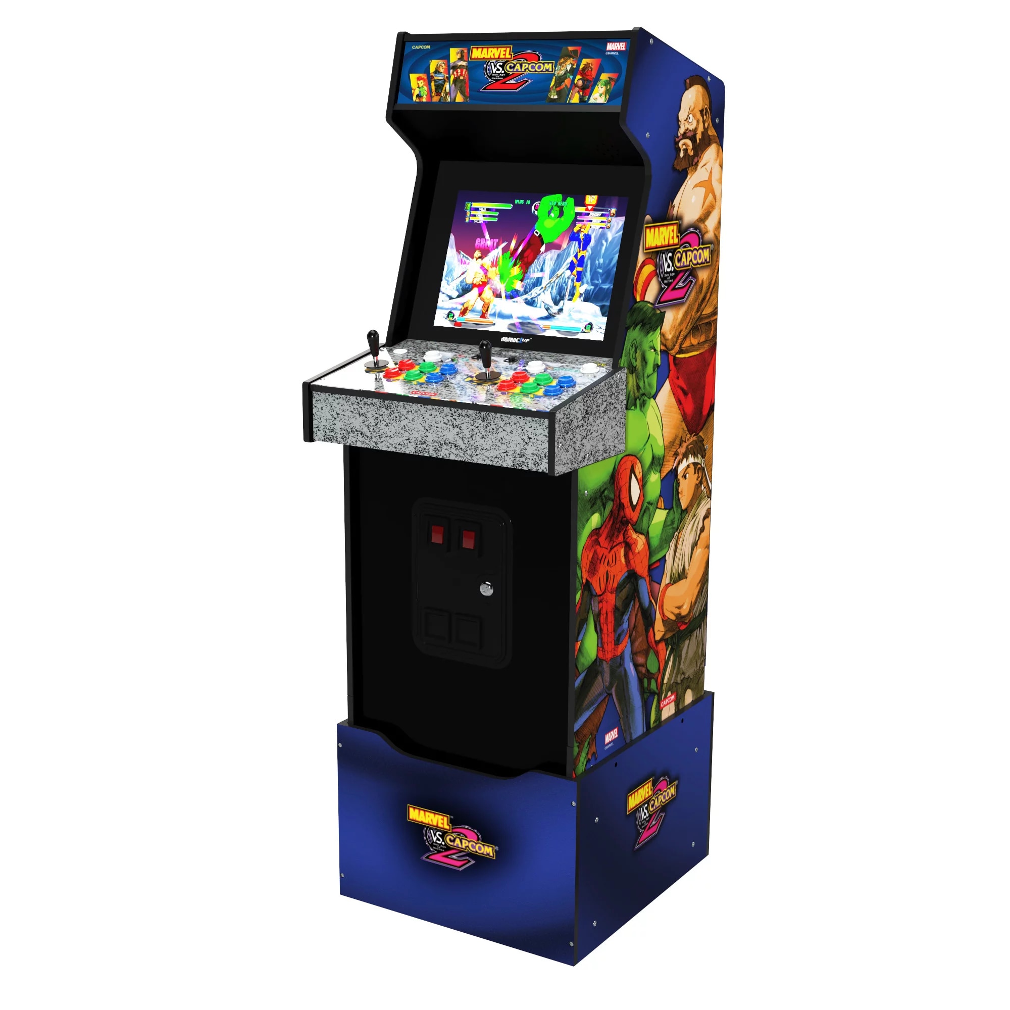 Consola verticala 8 jocuri ARCADE1UP, Marvel vs Capcom 2™, H 154 cm, 2 jucatori, online play, iluminare Marquee, grafica originala, display color 17 inch, difuzor extern, potrivit pentru game rooms, accesoriu inaltare consola, multicolor