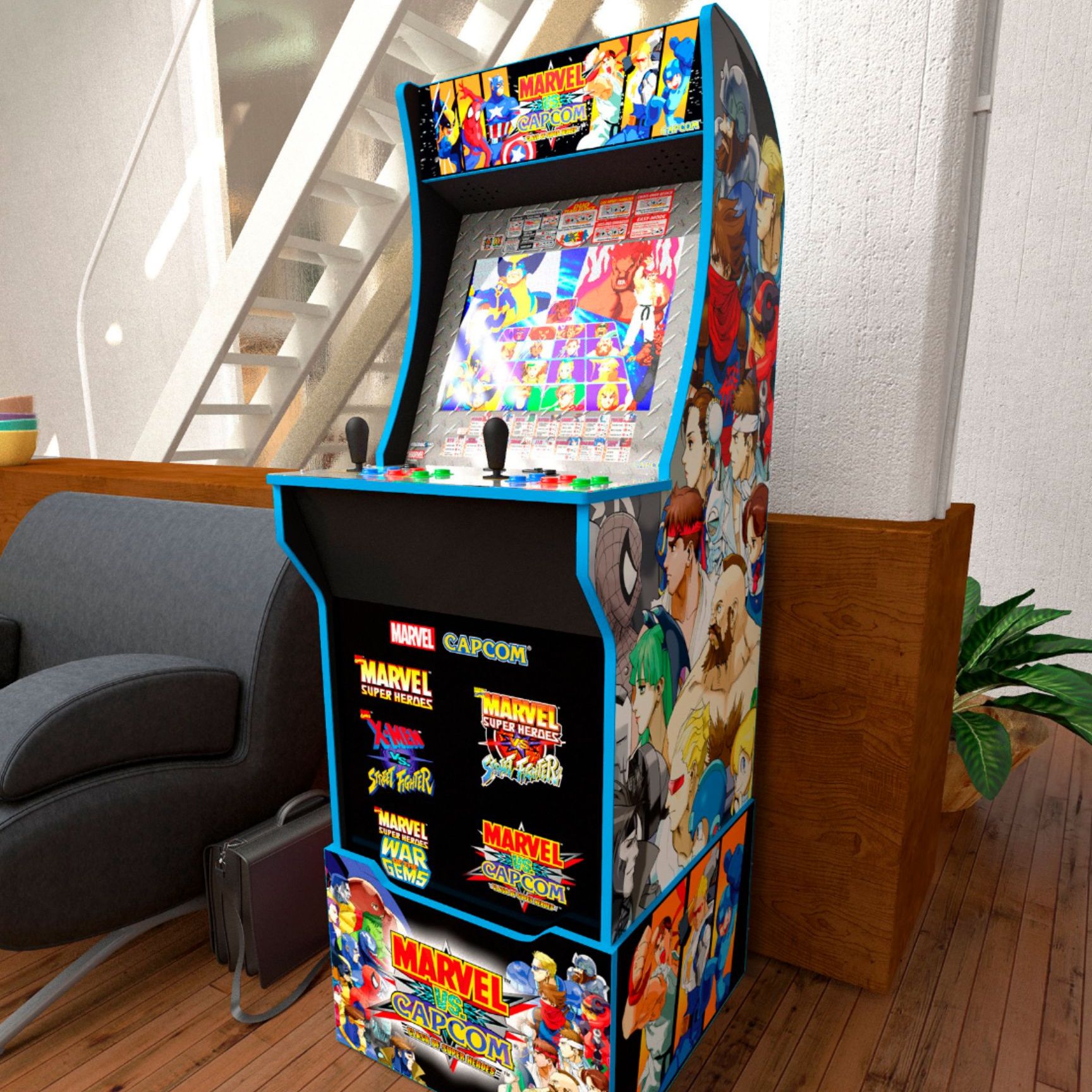 Consola verticala 8 jocuri ARCADE1UP, Marvel vs Capcom 2™, H 154 cm, 2 jucatori, online play, iluminare Marquee, grafica originala, display color 17 inch, difuzor extern, potrivit pentru game rooms, accesoriu inaltare consola, multicolor