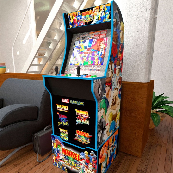 Ретро вертикална конзола 8 игри ARCADE1UP Marvel vs Capcom 2™, H 154 см, Wi-Fi LIVE Play, 2 играча, Marquee осветление, Оригинална графика, 17-инчов цветен дисплей, Външен високоговорител, Многоцветен