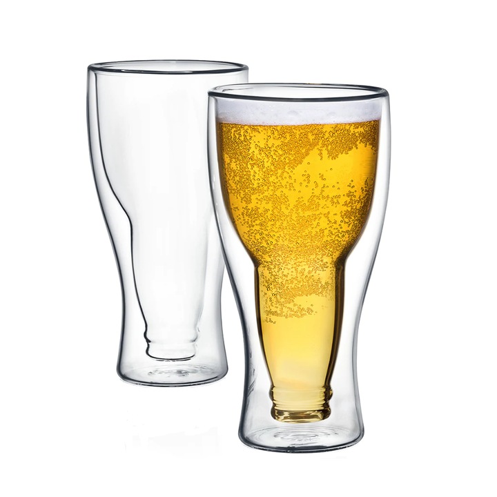 Чаши за бира Hans, Боросиликатно стъкло, Двойни стени, 350 мл, Комплект от 6