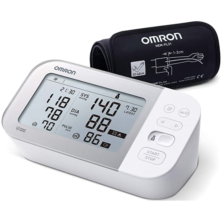 Tensiometru electronic de brat Omron X7 Smart, Bluetooth, 0-299mmHg, 40-180 bp, Alb+Adaptor