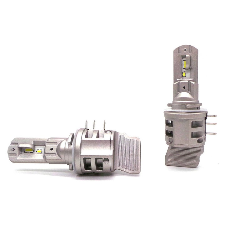 Becuri LED H15, motoLEDy, 12-24V, 8000 lumeni per bec, Fara erori CANBUS, pentru faza scurta, faza lunga, DRL, ceata, Alba, Set 2 bucati, 5000K, cu cipuri CSP, racire pasiva, fara polaritate, 50.000 ore, omologare E4