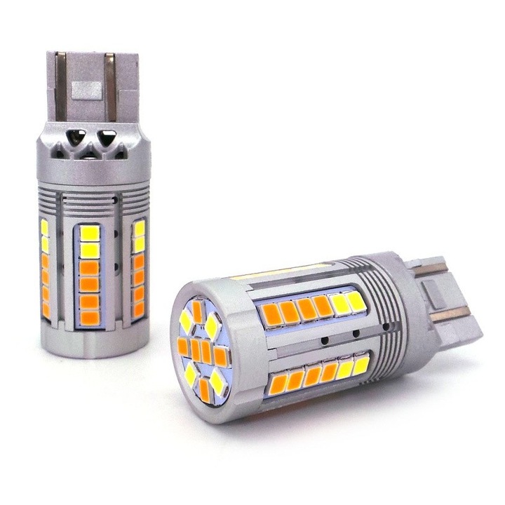 Bec LED auto bifata, bicolora, motoLEDy W21/5W, 7443, pentru semnalizare, pozitie si lumini de zi, alb-portocaliu, Set 2 bucati, CANBUS, fara eroare, cu sarcina incorporata, rezistent la socuri, consum redus, durata de viata 50.000 ore, tensiune 10-30V
