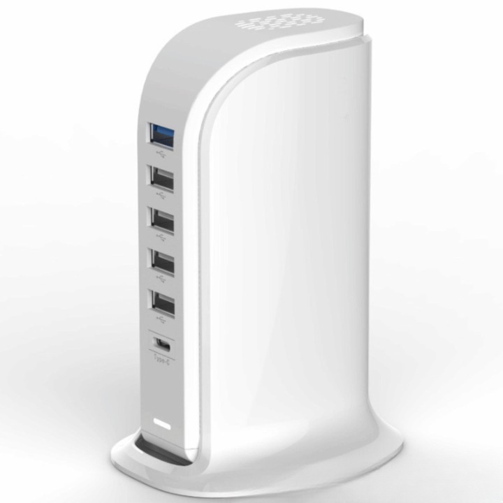 Set Suport multiplu incarcare USB + Cablu date tip C, Smart Stuffs, 5 porturi incarcare USB si 1port tip C, culoare Alb, 20W, incarcare rapida