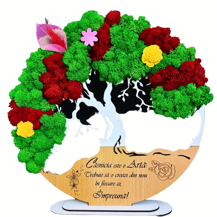 Decoratiune Copacul vietii cu suport, personalizat cu mesaj standard gravat laser "Casnicia este o arta", decorat cu licheni stabilizati naturali si flori decorative, cadou casatorie, nunta, cununie, miri, fini, 20cm, model 1, alb