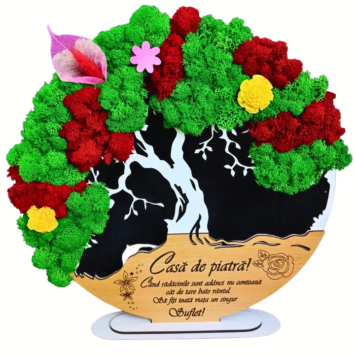 Tablou cu licheni stabilizati naturali Copacul vietii cu suport, personalizat cu mesaj standard gravat laser "Casa de piatra", cadou pentru nunta, casatorie, cununie, miri, fini, decorat cu flori decorative, 20cm, model 1, alb