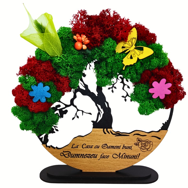 Декорация Tree of life, Със стойка, Персонализирана с лазерно гравирано послание "У дома с добри хора, Бог прави чудеса!", украсена със стабилизиран мъх и декоративни цветя, За приятели, семейство, сватба, брак, 20 см, Модел 1, Черен
