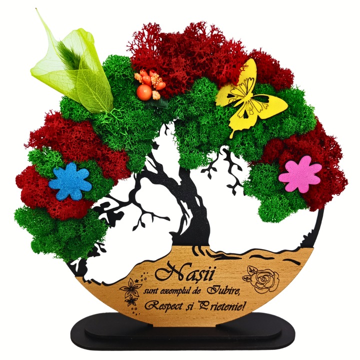 Decoratiune Copacul vietii cu suport, personalizat cu mesaj standard gravat laser "Nasii sunt un exemplu de iubire, respect si prietenie", cadou pentru nasi, casatorie, nunta, decorat cu licheni stabilizati si flori decorative, 20cm, model 1, negru