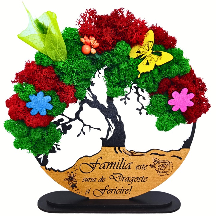 Decoratiune Copacul vietii cu suport, personalizat cu mesaj standard gravat laser "Familia este sursa de dragoste si fericire", cadou pentru familie, mama, sora, fiica, decorat cu licheni stabilizati si flori decorative, 20cm, model 1, negru