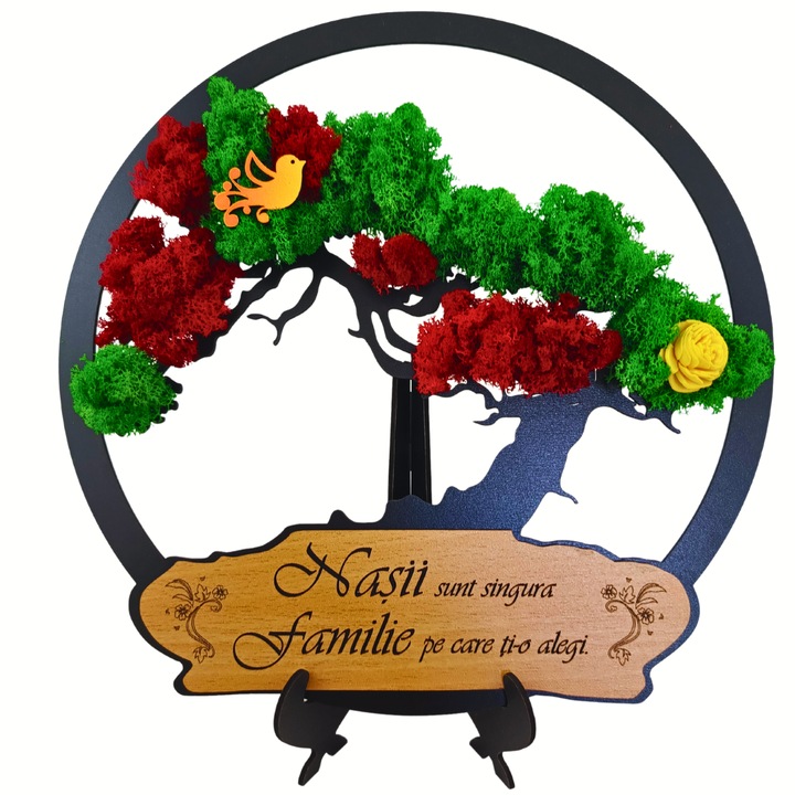 Decoratiune Tablou perete Bonsai personalizat cu mesaj standard gravat laser "Nasii sunt singura familie..", cadou pentru nasi, decorat cu licheni stabilizati si flori decorative, 40cm, model 1, negru