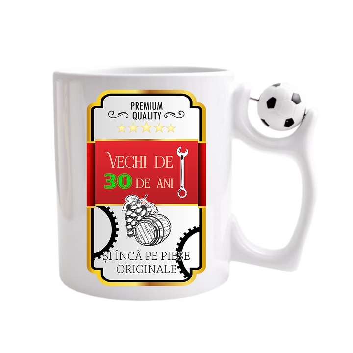 Cana personalizata cu imprimeu, Vechi de 30 ani, Ceramica, 330 ml, Maner minge fotbal