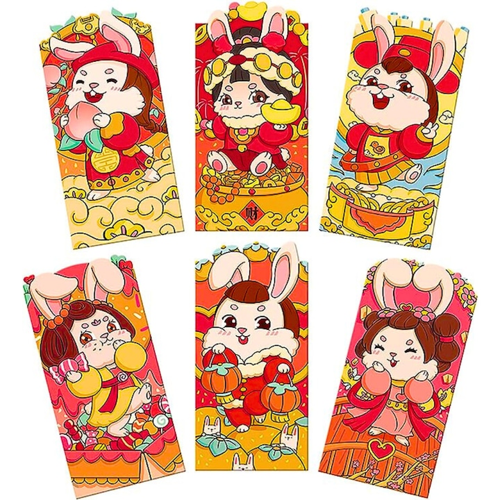 Set de 6 plicuri chinezesti Hongbao pentru anul nou, 16x9 cm, rosii cu tematica