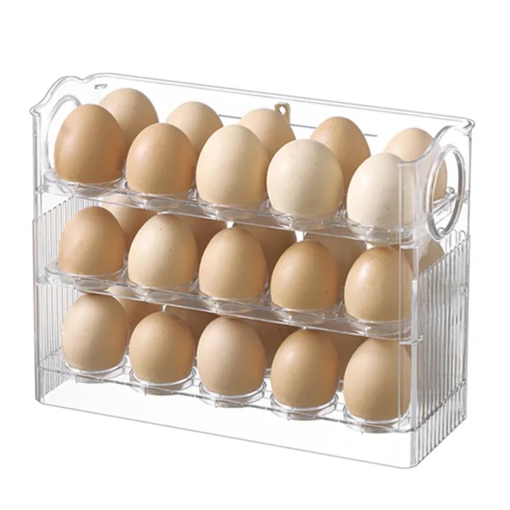 Suport organizator oua 30 bucati pentru frigider, NEVERMORE, Lungime 26 cm, Transparent