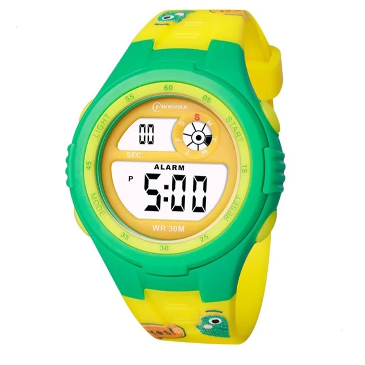 Детски дигитален часовник, Мингруи МР2117Л, Модел жаба, Дата, Зелен