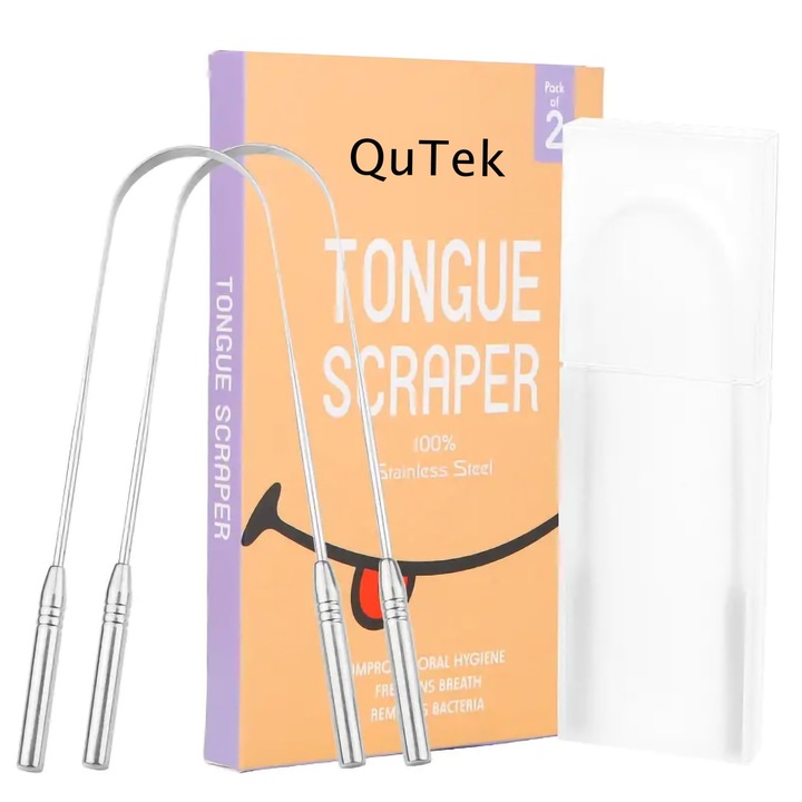 Set 2 raclete curatare limba, cutie de depozitare, pentru adulti si copii, 100% otel inoxidabil medicinal, anti halitoza, QuTek