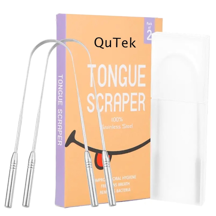 Set 2 raclete curatare limba, cutie de depozitare, pentru adulti si copii, 100% otel inoxidabil medicinal, anti halitoza, QuTek