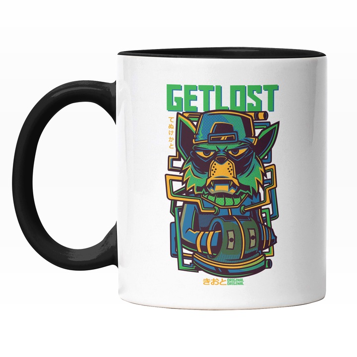 Cana Cu Potret Motan Suprata Cu Sapca Si Hanorac Albastru, Text In Engleza Get Lost, Ilustratie, Unica, Creativitate, 330 ml