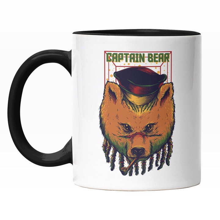 Cana Cu Portret Urs Cu Par Dreduri Palarie Rosie Si Trabuc, Text In Engleza Captai Bear, Ilustratie, Unica, Creativitate, 330 ml