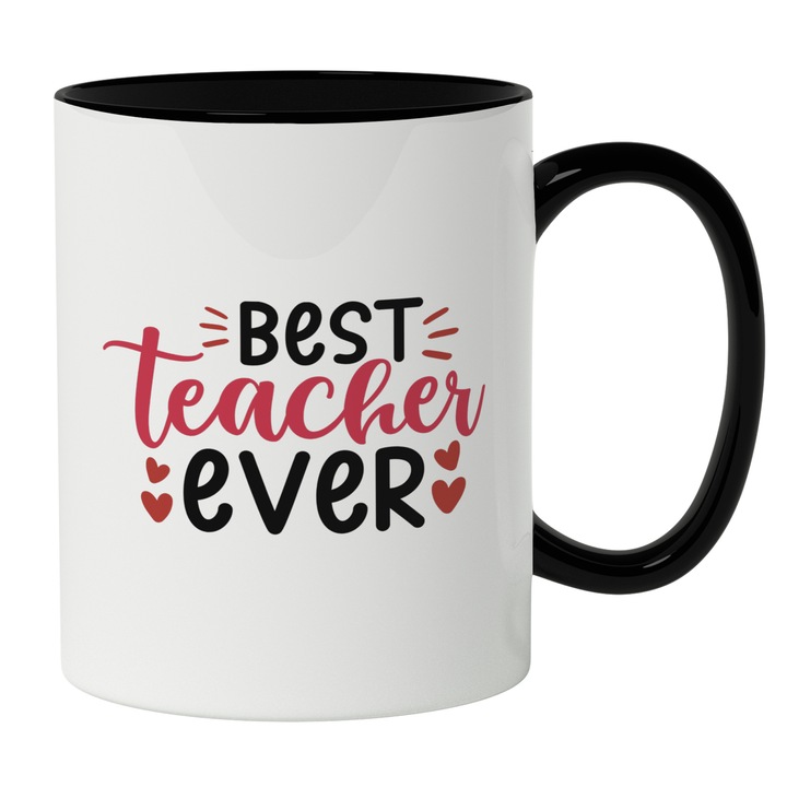 Cana Cu Text In Engleza Best Teacher Ever, Cel mai Bun Profesor, Inimoare rosii, Iubitorii De Educatie, 330 ml
