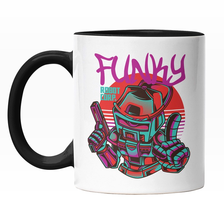 Cana Cu Robot Aratand Semnul Peace, Text In Engleza Funky Robot Corp, Ilustratie, Unica, Creativitate, 330 ml