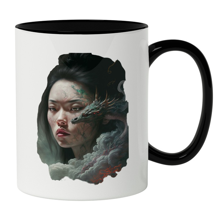 Cana Cu Portret Fata Asiatica Par Brunet Dragon Cu Ochii rosii, Fum In aer, Vene Accentuate, Iubitorii De Filme Asiatice, 330 ml