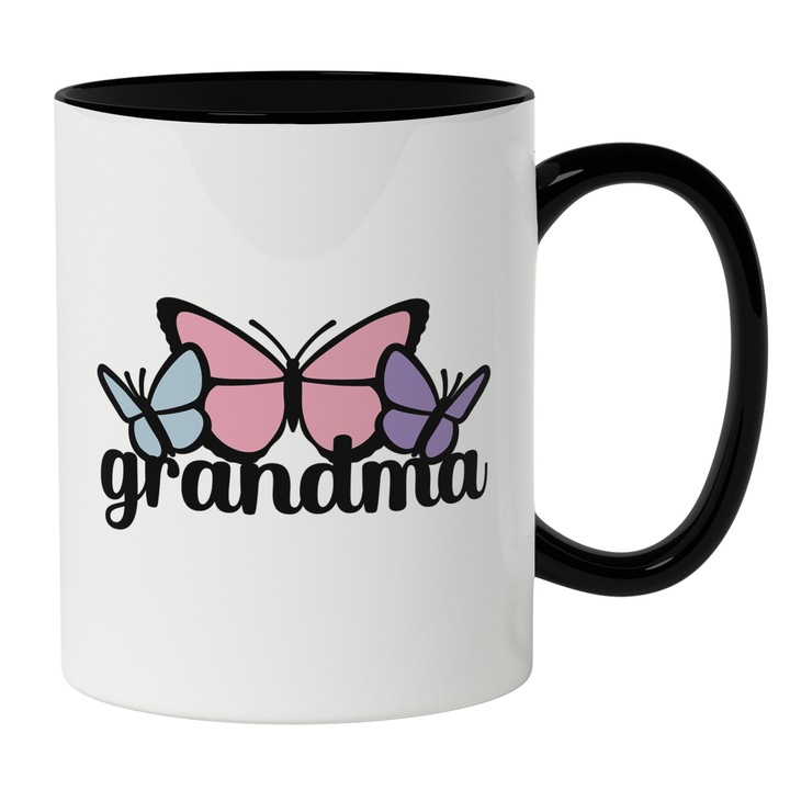 Cana Cu Fluturi Colorati Text In Engleza Grandma, Inima Rosie, Bunica, Cea Mai Buna Bunica, Iubitorii De Familie, 330 ml