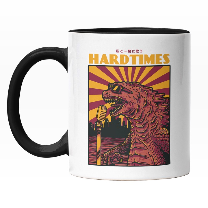 Cana Cu Dinozaur Cu Ochelarii De Soare Cantand La microfon, Text In Engleza Hardtimes, Artwork, Ilustratie, Unica, Creativitate, 330 ml