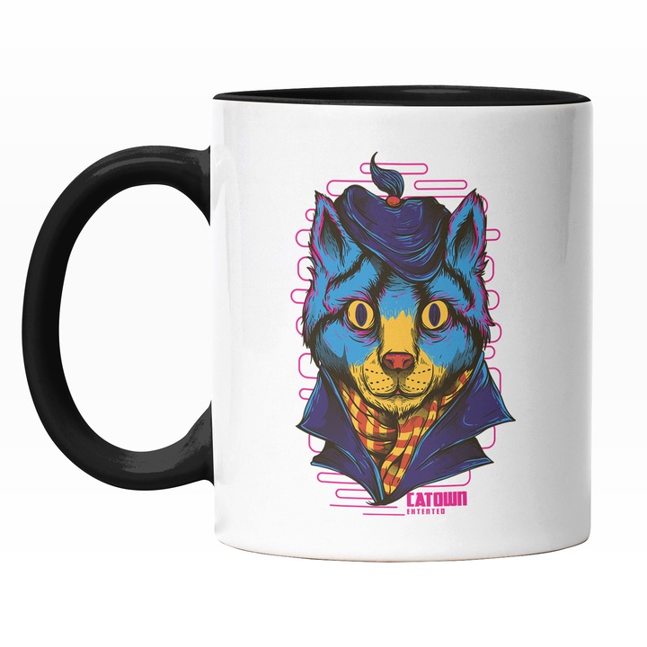 Cana Cu Portret Pisica Motan IN Tinuta Eleganta Cu Pai IN Codita, Text In Engleza Cat Own, Ilustratie, Unica, Creativitate, 330 ml