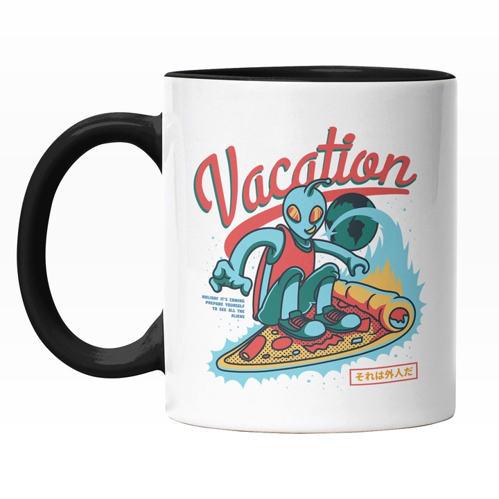 Cana Cu Extraterestru Albastru Pe Placa DE Surff Stil Pizza, Text In Engleza, Iubitorii De Jocuri Video, 330 ml