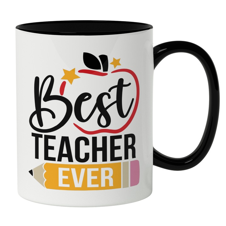 Cana Cu Text In Engleza Best Teacher Ever, Cel mai Bun Profesor, Mar Rosu, Creion Scolar, Iubitorii De Educatie, 330 ml