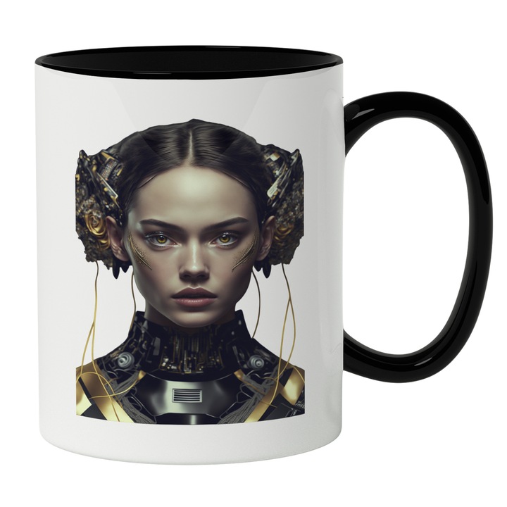 Cana Cu Portret Fata Robot, Par Brunet, Armura Cu Guler Inalt, Armura Super Erou, Iubitorii De Filme, 330 ml