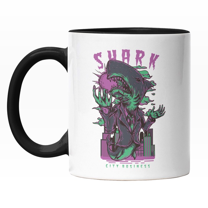 Cana Cu Rechin In Costum Elegant In Oras Noapte, Text IN Engleza Shark, Font Horror, Iubitorii De Arta Bizara, 330 ml