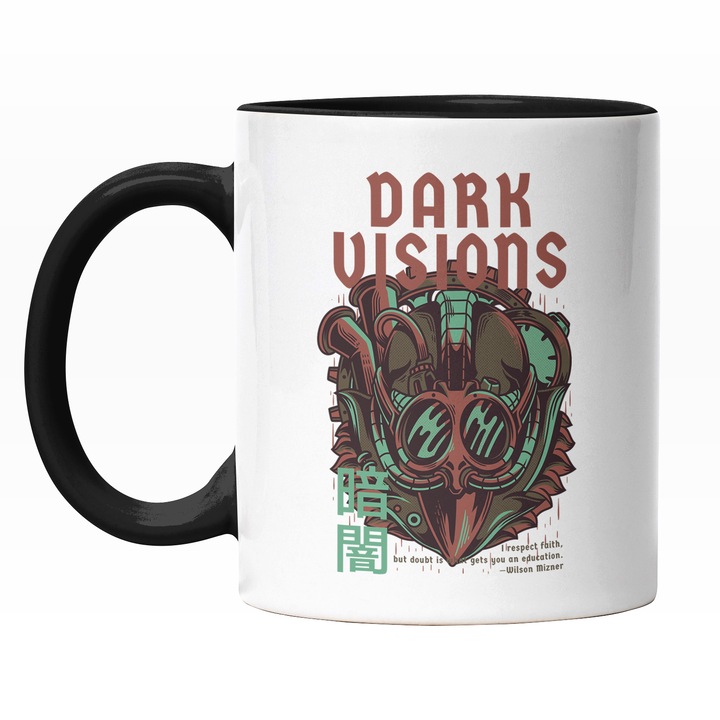 Cana Cu Pasare Cu Cioc Galben Cu Ochelari De Aviator, Text In Engleza Dark Visions, Ilustratie, Unica, Creativitate, 330 ml