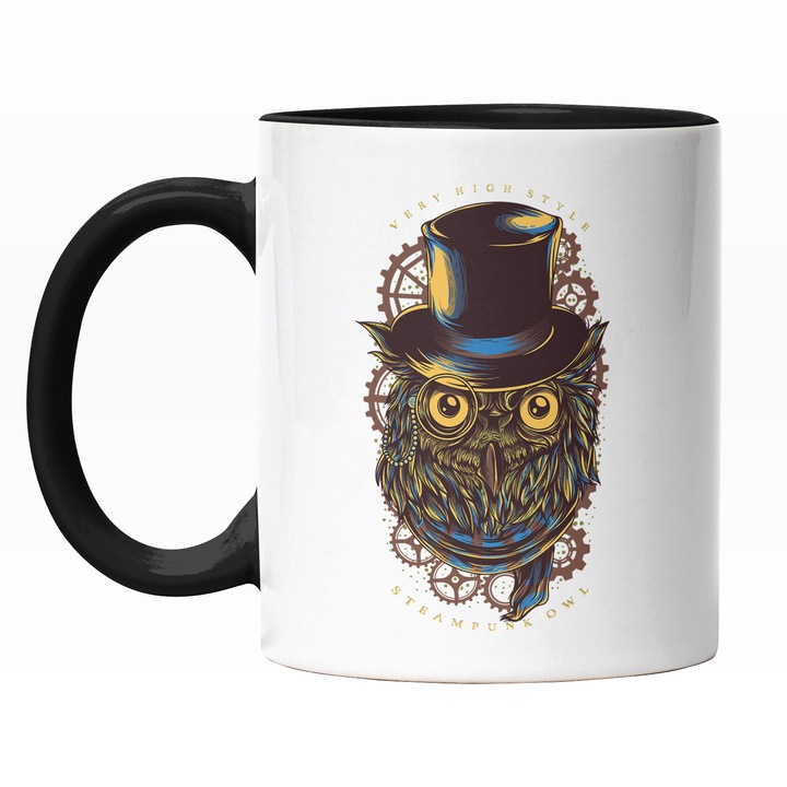 Cana Cu Portret Bufnita Cu Palarie Inalta Si Ochelar Vintige, Cu Esarfa Albastra, Iubitorii De Pasari Bufnite, 330 ml