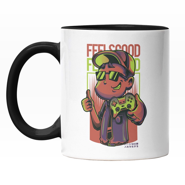 Cana Cu Baiat Cu Ochelarii De Soare Si Sapca Tinand Maneta De Jocuri Video, Text In Engleza Feel Good, Ilustratie, Unica, Creativitate, 330 ml