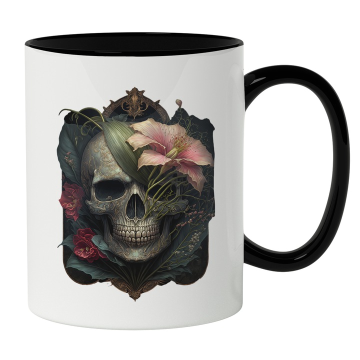 Cana Cu Craniu Uman In Natura, Desen Stil Hena Pe Frunte, Flori Colorate, Filme Horror, 330 ml