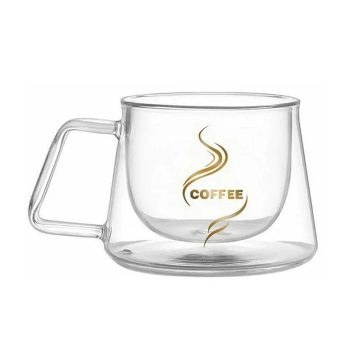 Чаша за кафе 200 мл от двустенно боросиликатно стъкло, COFFEE послание, термоустойчива, 9.5x7.5x7 cm
