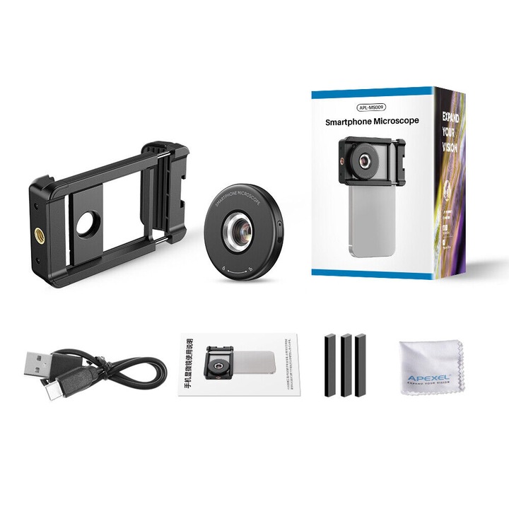Lentila microscop 100x, Apexel, sistem prindere pentru iPhone, Samsung, lumina LED circulara