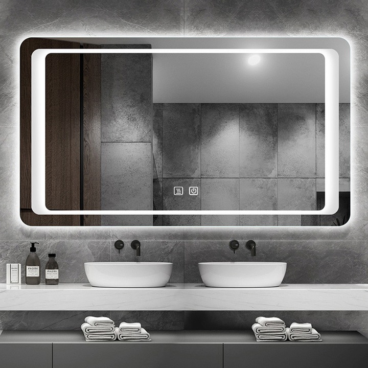 Oglinda baie cu LED,3 tipuri lumina, 90x60 cm, Functie dezaburire, Reglare intensitate lumina