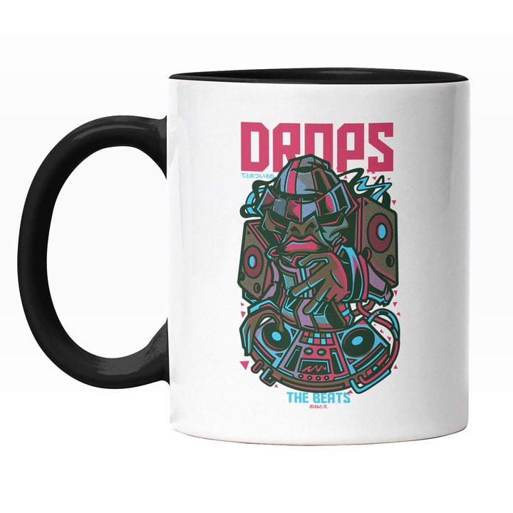 Cana Cu Portret Barbat DJ, Petrecere, Muzica Mixata, Text In Engleza Drops, Ilustratie, Unica, Creativitate, 330 ml