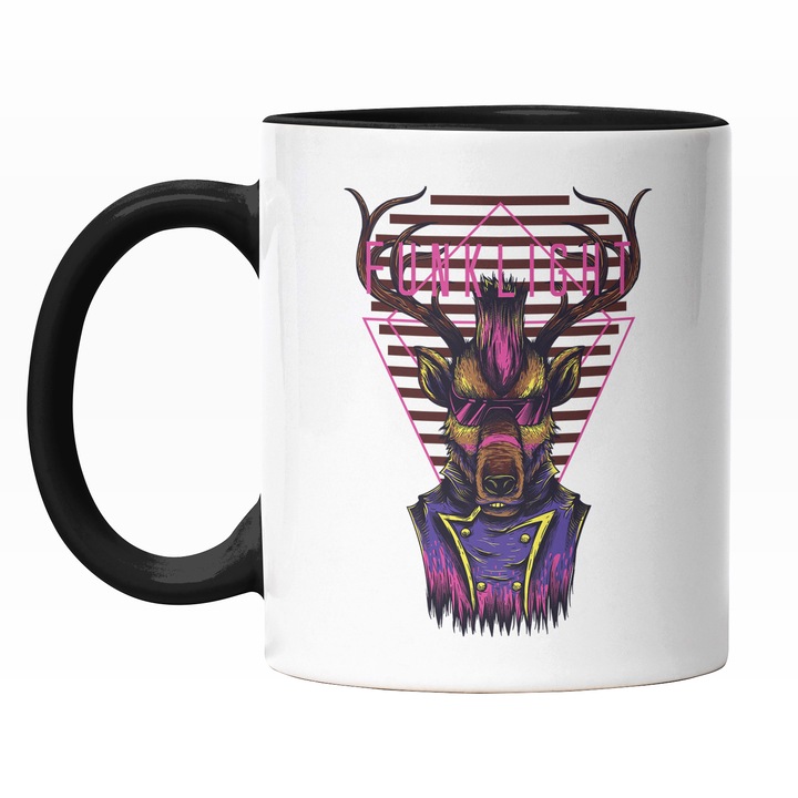 Cana Cu Portret Cerb Cu Ochelarii De Soare Si Costum Elegant Mov, Text In Engleza Funky Light, Ilustratie, Unica, Creativitate, 330 ml