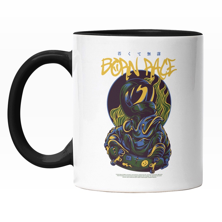 Cana Cu Om In Costu De astronaut In Aer Pe Placa DE Skateboard, Text In Engleza Born Pace, Ilustratie, Unica, Creativitate, 330 ml