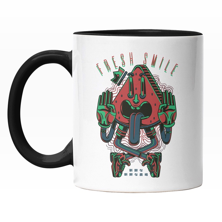 Cana Cu Felie De Pepene Cu Limba Lunga Scoasa Si Mainile Sus, Text In Engleza Fresh Smile, Ilustratie, Unica, Creativitate, 330 ml