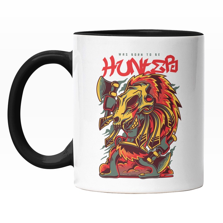 Cana Cu Silueta Om Masca De Craniu Dinozaur, Pene Stil Triburi Africane, Text In Engleza Was Born To Be Hunter, Artwork, Ilustratie, Unica, Creativitate, 330 ml