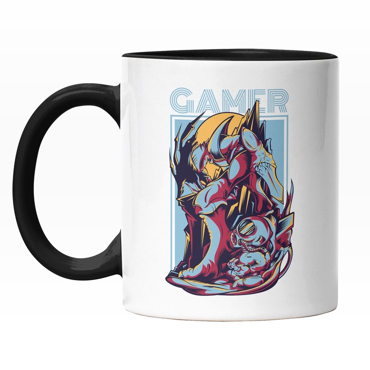 Cana Cu Monstru Si Silueta OM In Costum De Astronaut Jucandu-se Jocuri Video, Text In Engleza Gamer, Ilustratie, Unica, Creativitate, 330 ml